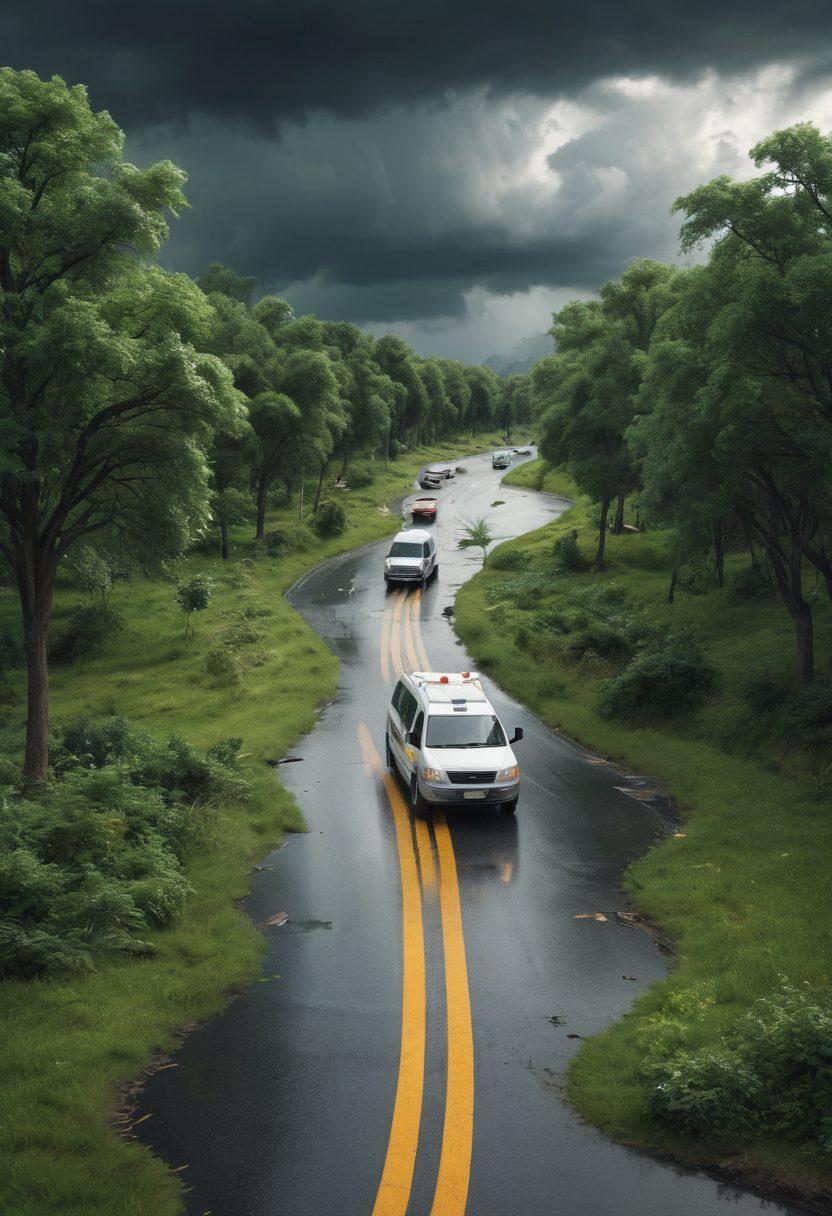 An insightful depiction of a road winding through various scenarios like a car accident, a health emergency, and a natural disaster, each symbolizing life’s unexpected twists. An open insurance policy on the side of the road, with a magnifying glass examining the policy details. Lush green landscapes contrasting with stormy skies in the background to represent uncertainty. Engaging and educational, with icons symbolizing different insurance types scattered along the road. super-realistic. vibrant colors. 3D.