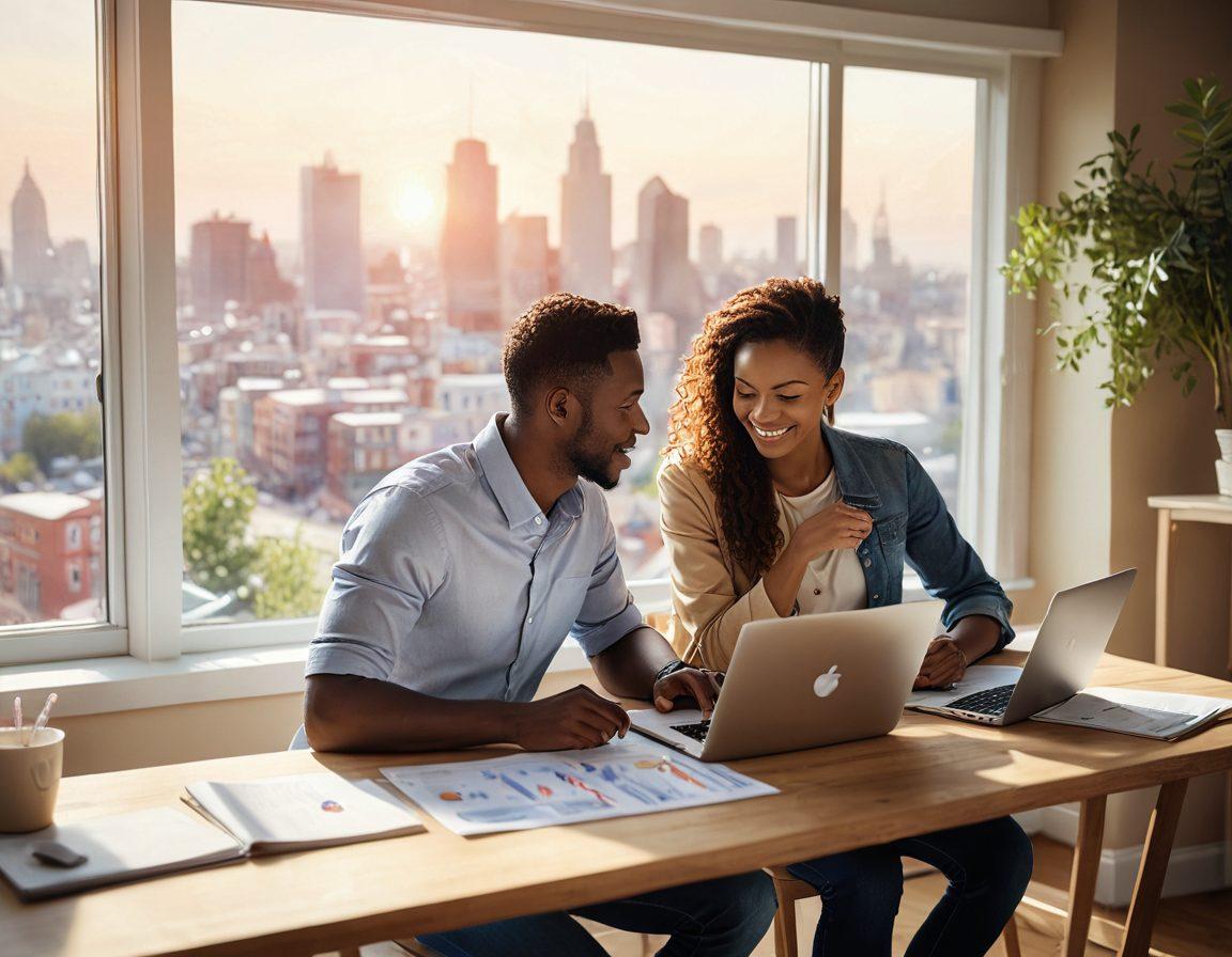 A warm, inviting scene depicting a couple looking at different insurance options at a table with a laptop, surrounded by heart-shaped icons representing love, life, and financial security. The background should feature soft pastel colors, symbolizing harmony and peace of mind, with a gentle sunlight streaming through a window. Include infographics or charts subtly in the background to suggest financial planning. super-realistic. vibrant colors. soft focus.