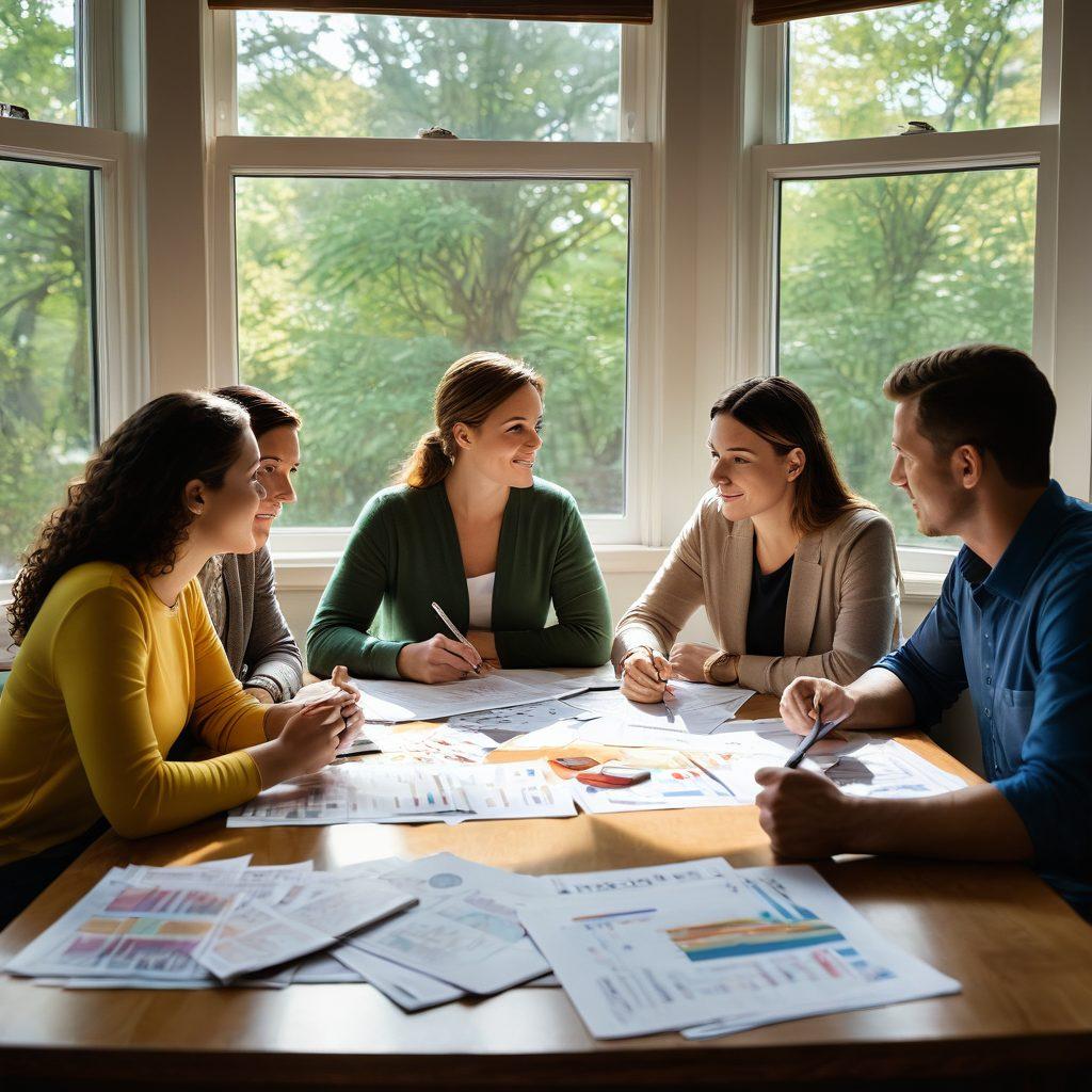 A family gathered around a cozy dining table, discussing insurance options with charts and calculators scattered about. In the background, a small business setup is visible through a window, symbolizing the connection between family life and entrepreneurship. Warm lighting and a sense of collaboration fill the scene. The image should convey a sense of security and understanding. super-realistic. vibrant colors. cozy atmosphere.